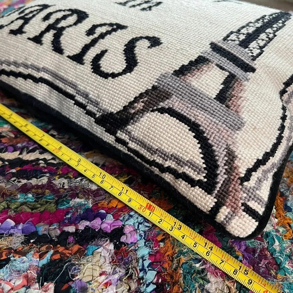 VTG Paris Needlepoint Pillow Eiffel Tower Velvet Back French Cottage Decor
